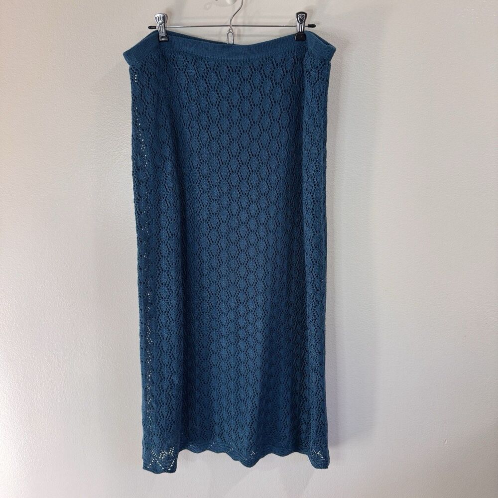 NWT Cato Skirt L Crochet Sweater Knit Pull On Midi Lined Blue Boho Stretch